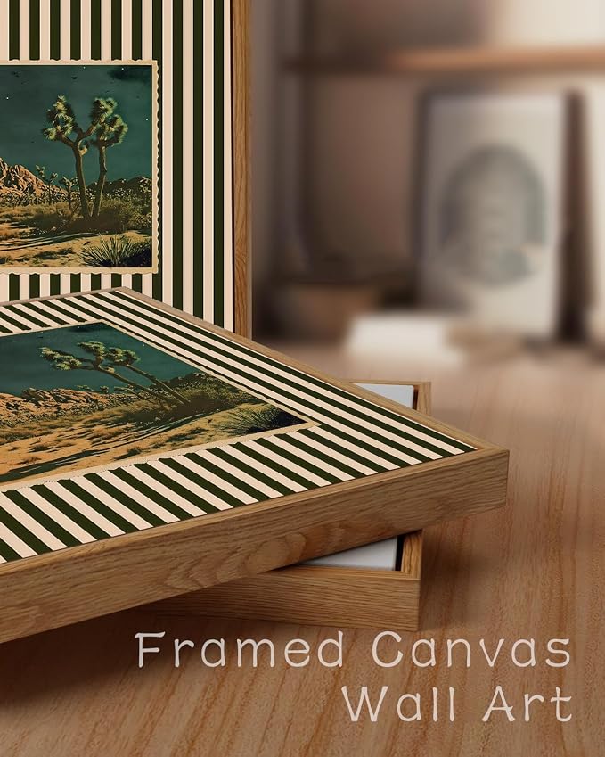 ZZLWBKGL Desert Canvas Art Boho Framed Wall Art for Living Room 12x16in | Vintage Western Artwork Southwestern Cactus Picture Mid Century Striped Paintings for Bedroom Study