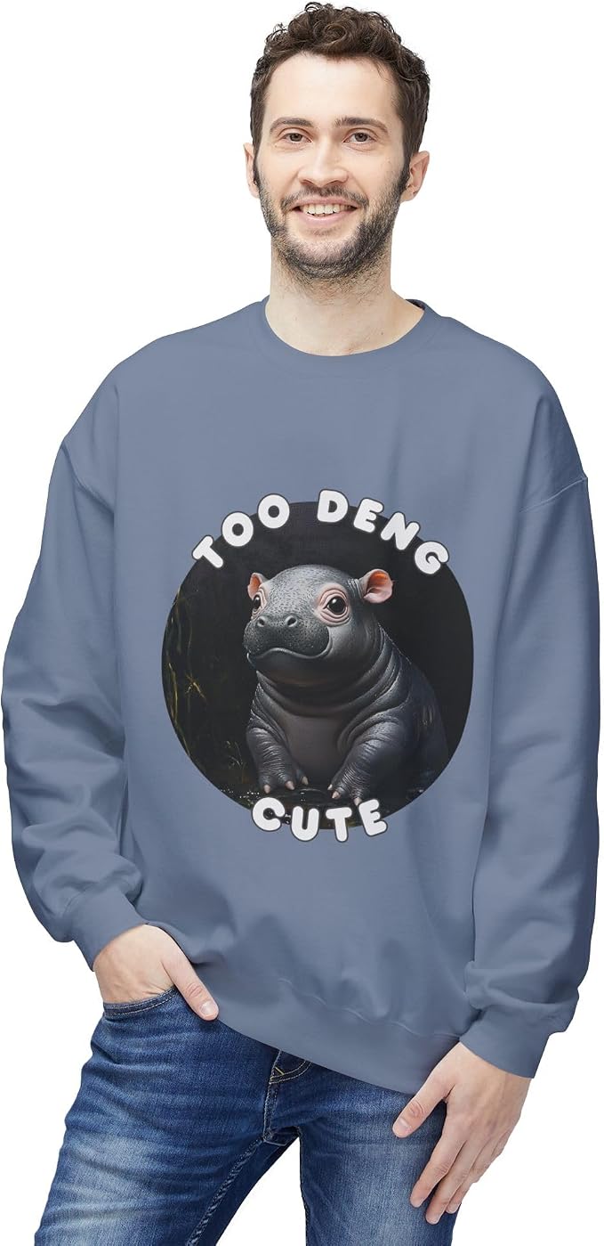 Unisex Fleece Crewneck Sweatshirt - Too Deng Cute Moo Deng Hippo, Cozy Cotton Blend, Classic Relaxed Fit