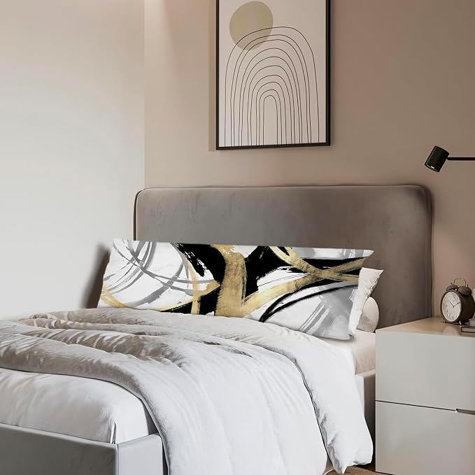 Abstract Black and Gold Striped 20x54 Body Pillow Cover, Modern Home Decor, Boho Room Decor, Black White and Gold Abstract Ink Line Long Body Pillow Pillowcase for Couch Bed