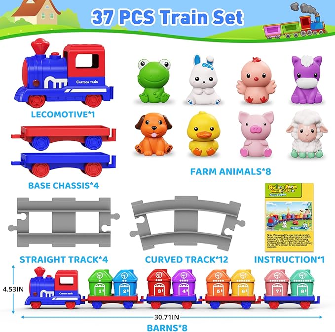 Learning Toys for Toddlers 1 2 3 Year Old,Electric Farm Train Set Toddler 2-4,Counting Matching & Sorting Montessori Train Toy with Farm Animals,Music,Light,Christmas Birthday Gift Baby Boy Girl(blue)