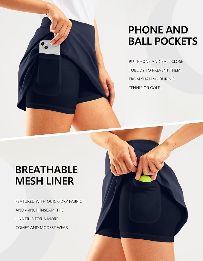 16" Golf Skirt with 2 Zipper Pockets | Tee Holder, Mesh Shorts, High Waisted, Casual, Pickleball, Athletic, Tennis, Skorts for Women