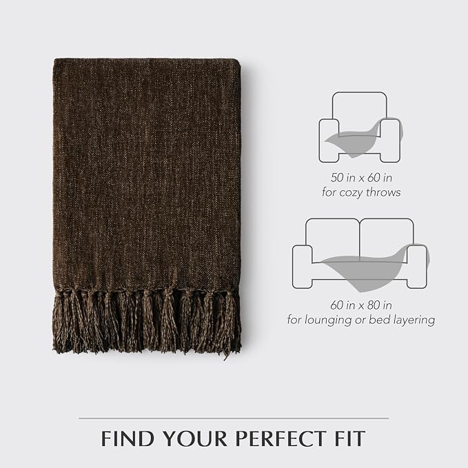 Chenille Knit Throw Blanket for Couch, 60"x80", Dark Brown | Cozy Plush Fuzzy Knittd Throw with Tassels, Lightweight, Decorative, Farmhouse Decor, Ideal for Bed Sofa Gift, All Seasons
