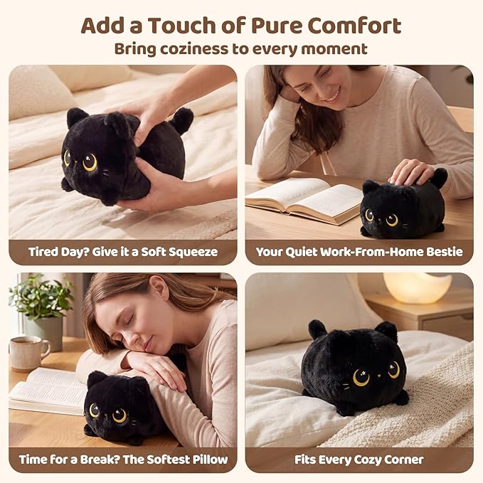 Mewaii Black Cat Plush, Cute Cat Plushies Toy, Soft Kitten Plushie Cuddle Pillow, Anime Plushie Doll, Cute Stuff Toys Gift for Girls, Boys and Males (8 Inch)