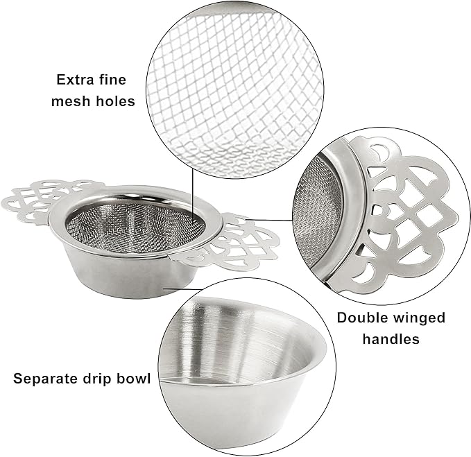 4 Pack Tea Strainers with Drip Bowls, Stainless Steel Tea Strainer Bowl Loose Leaf Tea Filter for 2.5-4 Inch Cup Mouth (Sliver)