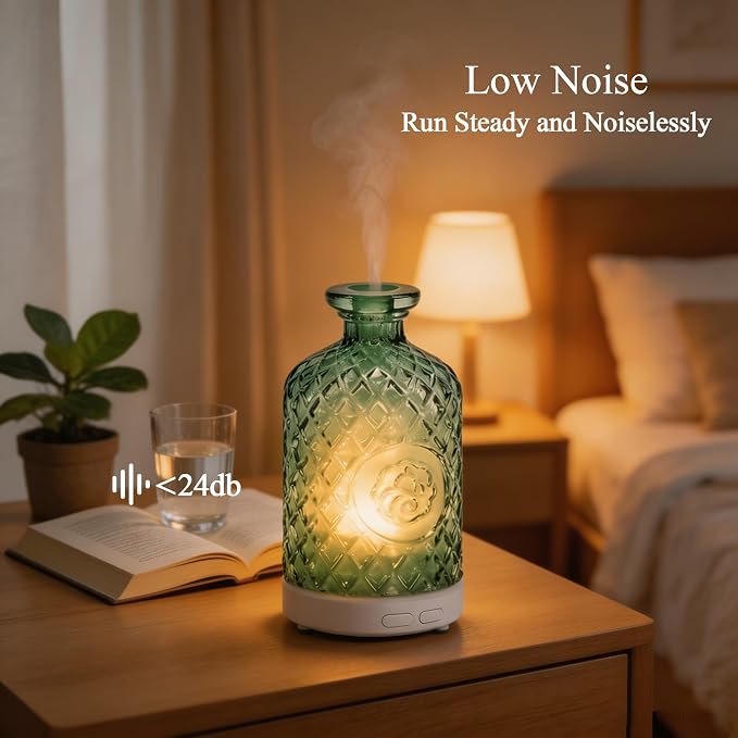 Glass Essential Oil Diffuser,100ml Aromatherapy Diffuser(Green) | Ultrasonic Cool Mist Humidifier with 7-Color LED Lights, BPA Free, Auto Shut-Off, for Home Yoga Bedroom Office Spa