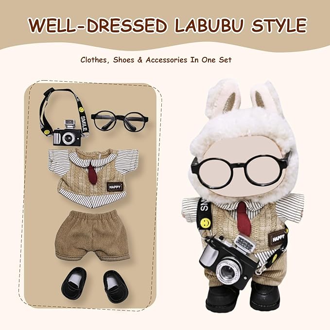 17cm Doll Clothes Set (6-Pcs Outfit), Stylish Clothing for Bunny Doll with Top, Pants, Shoes & Accessories, Just Clothes