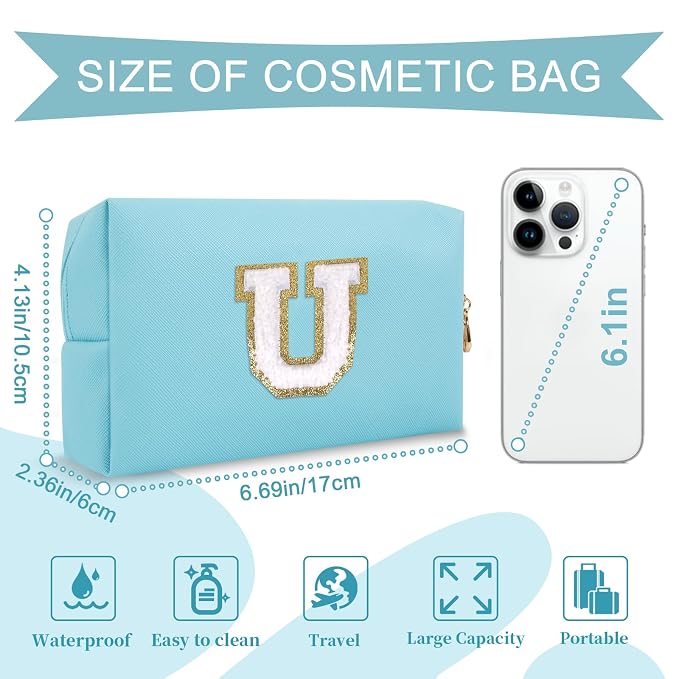 Small Personalized Initial A-Z Preppy Patch Makeup Bag,PU Chenille Letter Travel Cosmetic Pouch with Zipper,Blue Cute Toiletry Bag,Gift Ideal for Teen Girls Women Teacher Bridesmaid,Letter U
