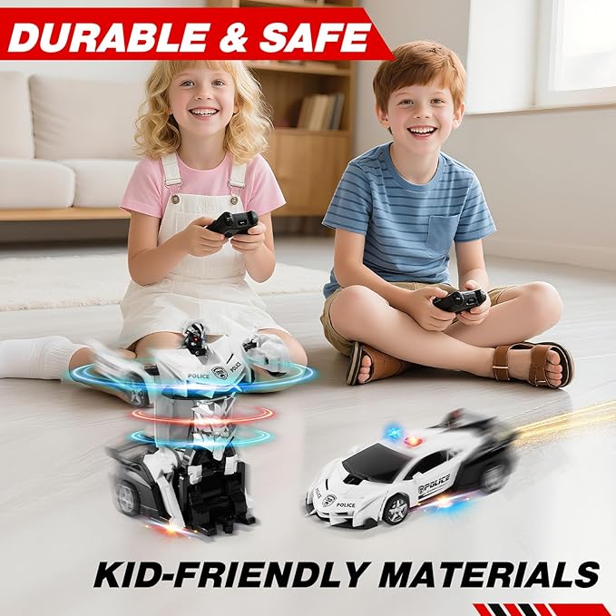 2.4G Remote Control Transformer Car, Rechargeable RC Police Car Toy with Flashing Lights, Convertible Robot & Vehicle, Gift for Kids,Police Transformer Cars for Boys 4-6 7 8-12 (Black/White)