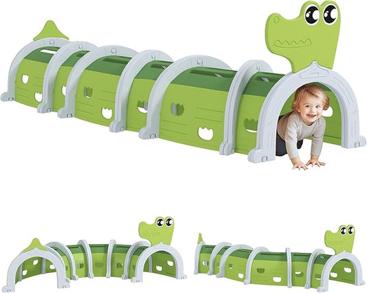 Qaba Crocodile Tunnel, Toddler Tunnel for Kids Crawl and Climb Through, Kids' Play Structure Indoor Outdoor, 6 Sections, Green