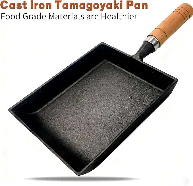 OUKENS Japanese Cast Iron Tamagoyaki Pan Nonstick, Multifunctional Square Japanese Egg Pan, Detachable Wood Handle, Oven Safe, for Omelets, Steak and Camping,6.1 x 7.3 Inch
