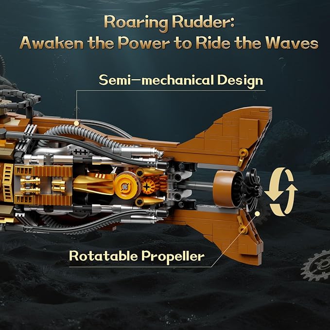 PANTASY Steampunk Nautilus Submarine Building Set, Modular 3-Section Design with Gear-Linked Propeller, Mini Boat & Undersea Adventure Scene, Retro Mechanical Collectible Model Kit for Adults