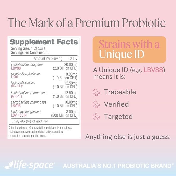 Life-Space Probiotic for Women, Support Healthy Vaginal Microflora & Comfort, Daily Supplement for Women, pH Balance with Lactobacillus rhamnosus, 6.3 Billion CFU & 6 Strains, 30 ct