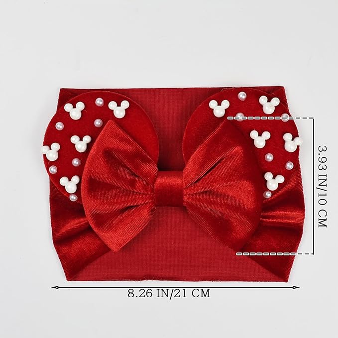 JIAHANG Baby Girl Red Velvet Mouse Ears Turban Headwrap with Beads, Wide Velour Hairband for Baby Girls, Toddler, Kids, Party Supplie