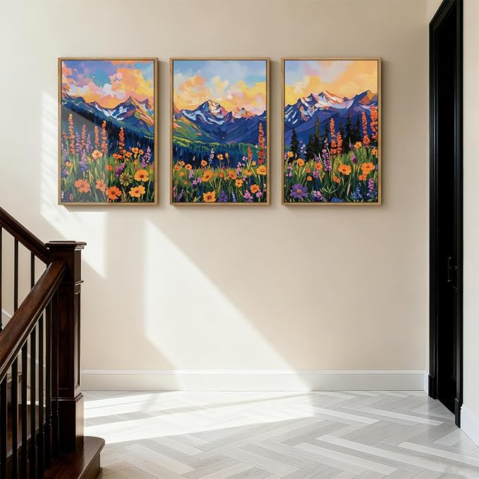 ANHUIB Colorful Wildflower Wall Art Boho Mountain Wall Decor Nature Floral Art Print 16x24 Inch Set of 3 for Living Room Bedroom Dining Room