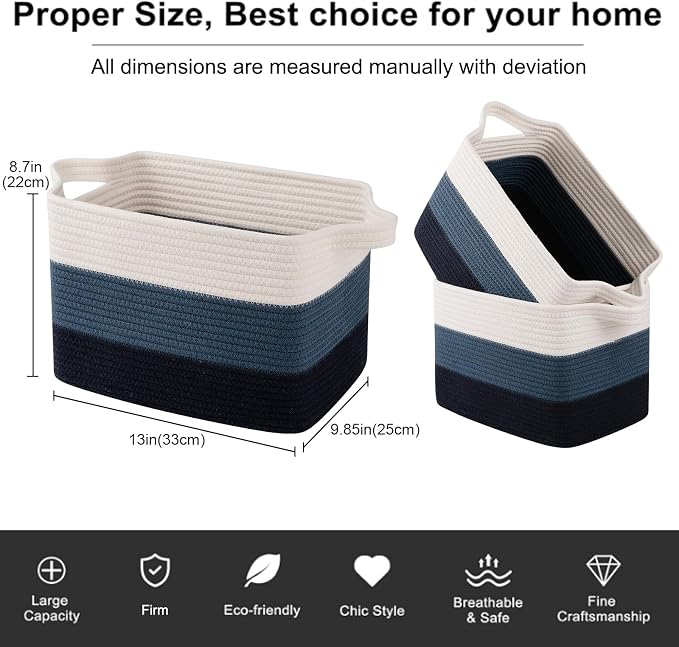 OIAHOMY Storage Basket, Woven Baskets for Storage, Cotton Rope Basket for toys,Towel Baskets for Bathroom - Pack of 3, Gradient Blue