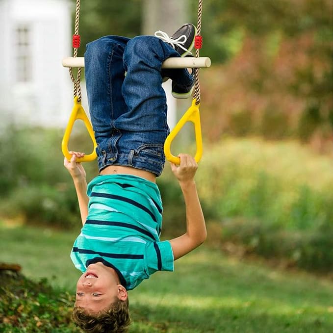 Trapeze Swing Bar with Rings, Wooden Trapeze Swing Bar with Plastic Gym Rings Adjustable Rope, Locking Straps, Outdoor Swing Set Playground Accessories for Kids (Yellow)