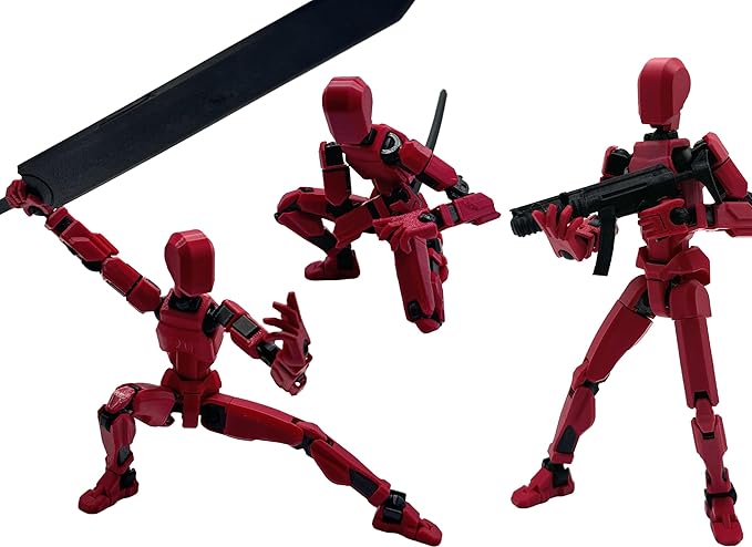3D Printed Enlarge Body Size 8.1-inch Action Figure Dummy20, Full Body Mechanical Movable Toy, Multiple Accessories, Desk Decoration (Bracket, 3 HandsType, Weapons, Armour) (Red-Black)