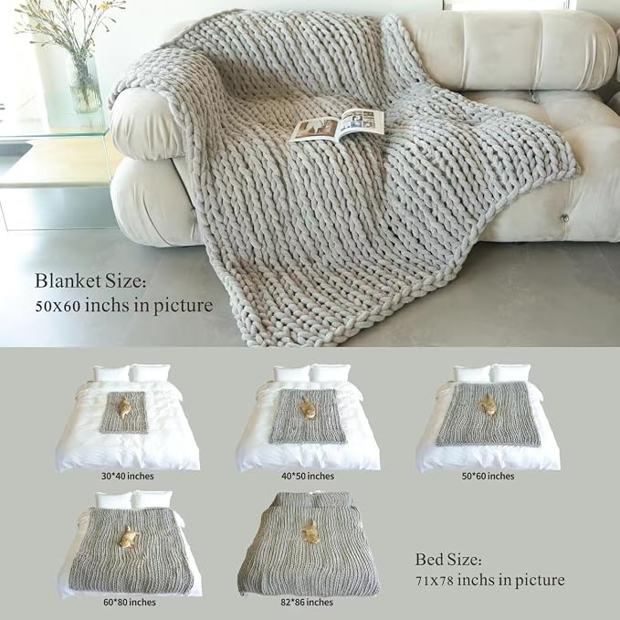 Maetoow Chenille Chunky Knit Blanket Throw （50×60 Inch）, Handmade Warm & Cozy Blanket Couch, Bed, Home Decor, Soft Breathable Fleece Banket, Christmas Thick and Giant Yarn Throws，White