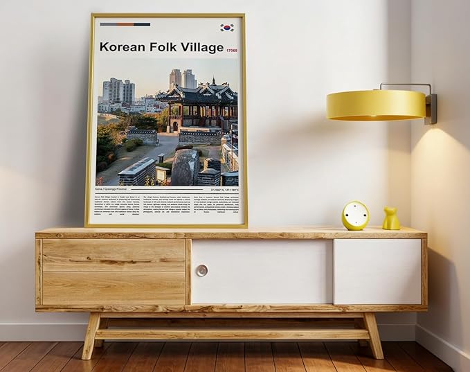 Poster Korean Folk Village Wall Art Original Design(17"x11" Metal Frame) Joseon Dynasty Architecture Print South Korea Travel Landmark Gyeonggi Cultural Heritage Ancient Palace Zen Scenery Picture