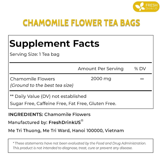 FRESHDRINKUS, 135 Chamomile Tea Bags, 100% Natural and Pure Chamomile Flowers, Eco-conscious Tea Bags. Chamomile Flower Herbal Tea. No Sugar, No Caffeine, No Gluten, Vegan.