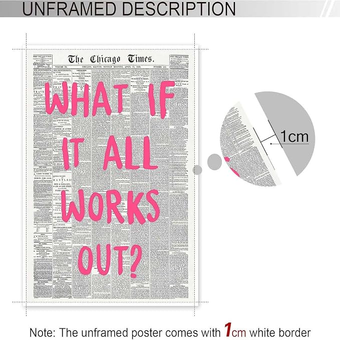 Drimiler What If It All Works Out Poster Retro Newspaper Pink Font Canvas Wall Art Positive Affirming Quote Minimalist Prints Painting For Home Bedroom Dorm Wall Decor 16x24in Unframed