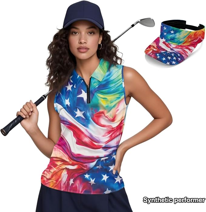 POLERO Golf Tank Top Women Golf Shirts and Visor Hat Collared Racerback Tennis Shirt Set Quarter Zip