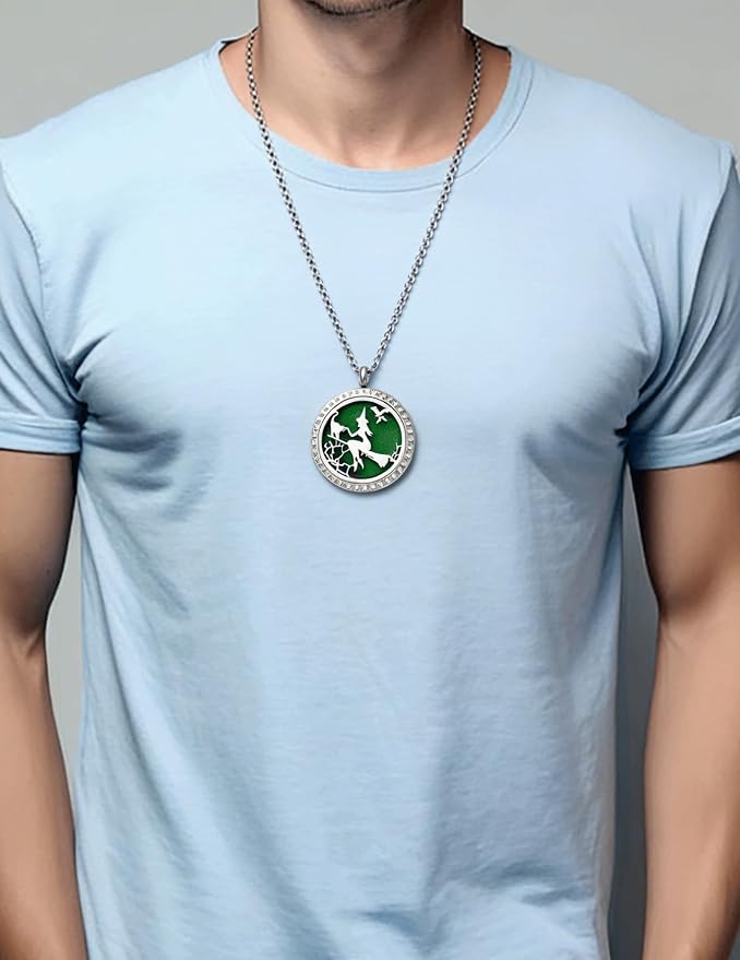 Essential Oil Diffuser Necklace for Birthday Christmas- Aromatherapy Crystal Jewelry Stainless Steel Halloween Magic Witch Locket Pendant with 24'' Chain 8 Washable Refill Pads Gift