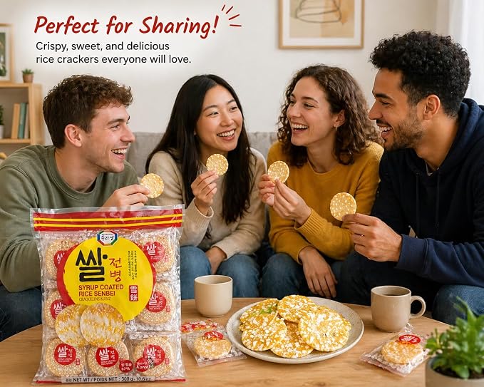 Syrup Coated Rice Crackers, Crispy Sweet Rice Senbei Snack, Individually Wrapped Korean Style Rice Snack, 10.6 oz (300g), 54 Pieces