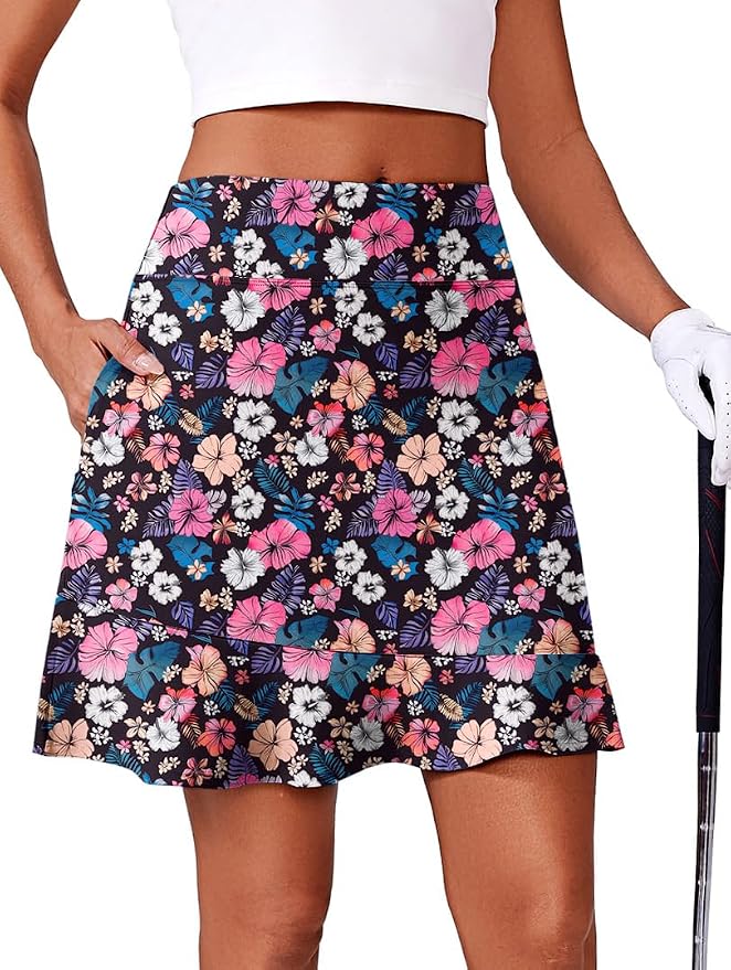 PINSPARK 18" Golf Skorts for Women with 6 Pockets Ruffle Athletic Skort | Above the Knee,High Waist,UPF 50+,4-way Stretch,Lightweight,Ruffle Hem,Tennis,Casual,Work,Pickleball
