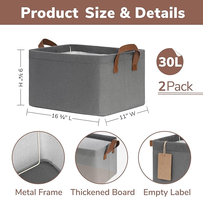CHICVITA 30L Large Closet Storage Bins with Handles, 2-Pack, Grey | 16 ¾" L x 11" W x 9¾" H, Metal Frame, Clothes, Towels, Toys & Daily Essentials Storage, Closet & Shelves Organization