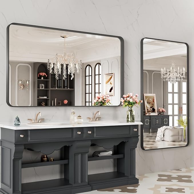 LOAAO 48X28 Inch Black Metal Framed Bathroom Mirror for Wall | Matte Black Bathroom Vanity Mirror, Anti-Rust, Tempered Glass, Hangs Horizontally or Vertically