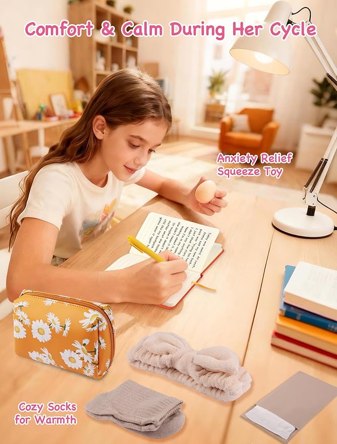 First Period Gift Kit for Girls 9-12 | Complete Tween Period Set with Daisy Yellow Bag, Leak-Proof Panties, Teen Pads, Wipes, Diary, Nail Stickers & More – Perfect for School & Travel (M)
