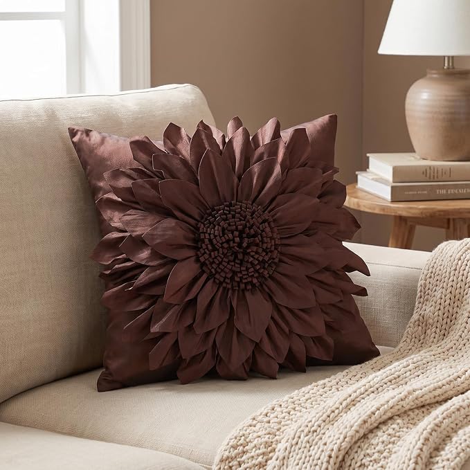 Brown Accent 3D Flower Decorative Throw Pillow Covers for Bed Sofa Couch | Bella's Giftshop Handmade Sunflower Taffeta Pillow Cases Living Room Bedroom Decor, 18x18 Inch