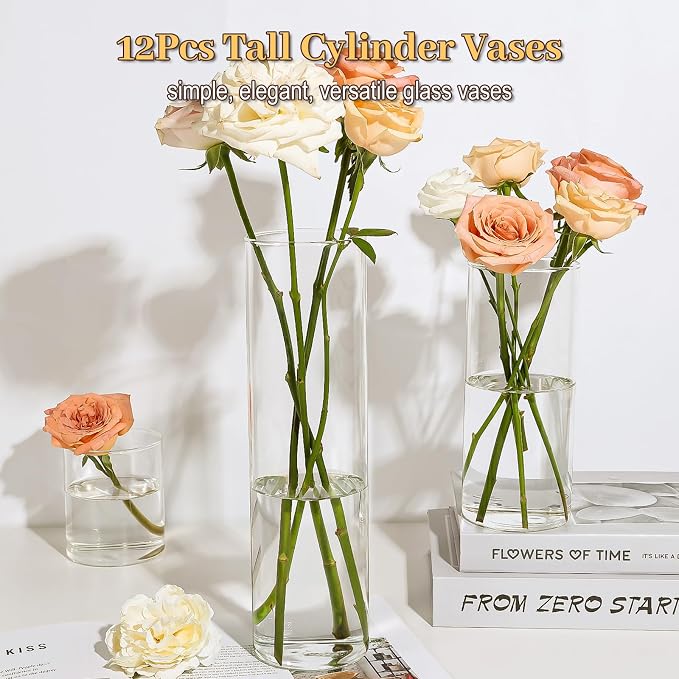 12pcs 12 Inch Clear Glass Cylinder Vases for Centerpieces | Tall Flower Vases for Wedding & Home Decor, Hurricane Floating Candle Holders for Table & Shelf