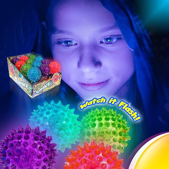 JA-RU Light Up Spiky Balls for Kids (12 Pack) – Light Up Bouncy Balls, Spiky Fidget Toys, Sensory Bin Filler, Stress Relief Toy, Bulk Party Favors – 695-12p