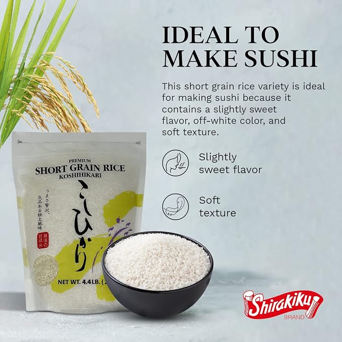 Shirakiku Dried Grains & Rice - Japanese Style Short Grain White Koshihikari - Uncooked Premium Quality Sweet Sticky Sushi Rice, 4.4 Pounds bag
