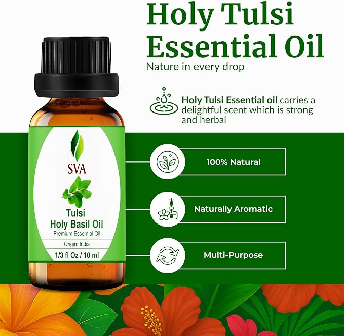 SVA Holy Tulsi Essential Oil 1/3 Fl Oz – for Diffuser, Skin & Hair Care – Ideal for Massage & DIY Blends
