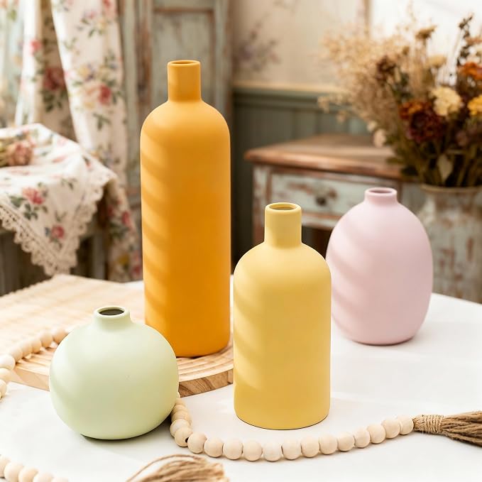 Macaron Ceramic Vase Set of 4, Modern Colors Home Decor, Rustic Farmhouse Decorative Flowers Vases for Bouquet, Pampas | Table Mantel Centerpiece Bookshelf Living Room Bedroom (Rustic Mix Set of 4)