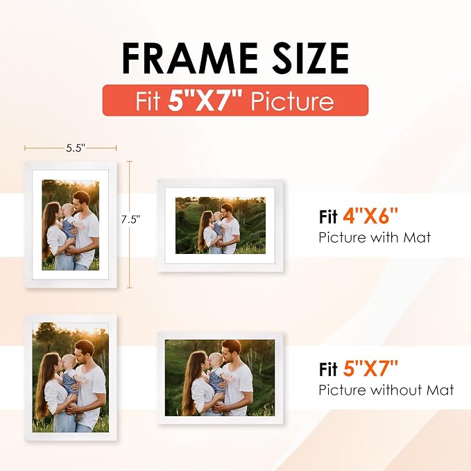 5x7 Picture Frame Set of 6, White Photo Frames Bulk with HD Plexiglass, Display Pictures 4x6 with Mat or 5x7 Without Mat, Multi Picture Frames Collage for Tabletop or Wall Display