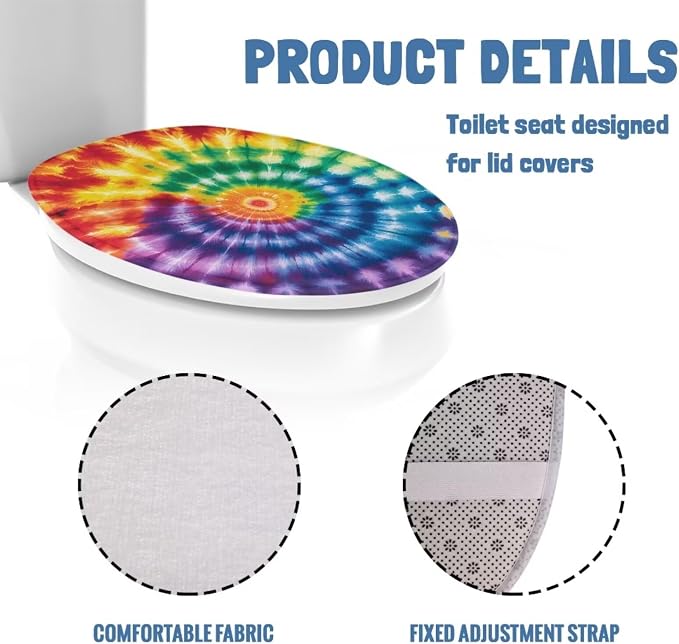 Hippie Tie Dye Toilet Seat Cover for Bathroom Universal Fit Elongated Oval Round Lid Rainbow Tie Dye Toilet Lid Cover Replacement for Bathroom Decor Machine Washable