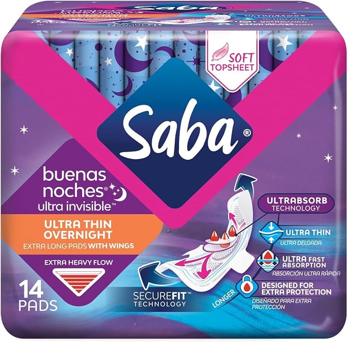 SABA Ultra Invisible Ultra Thin Night Pads with Wings, Overnight Heavy Absorbency, 4-Pack of 14 Pads (56 Count)