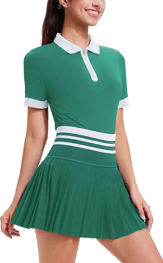 Tennis Skirt Sets for Women Zipper Color Block High Waisted Golf Polo Two Piece Skirt Set Women 2 Piece Outfits