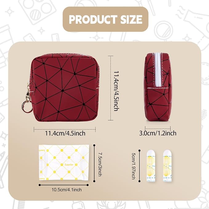 Period Bag for Teen Girls, PU Leather Sanitary Napkin Storage Bag, Menstrual Pad Bag Period Pouches Tampon Holder for Purse (Bean Paste Red)