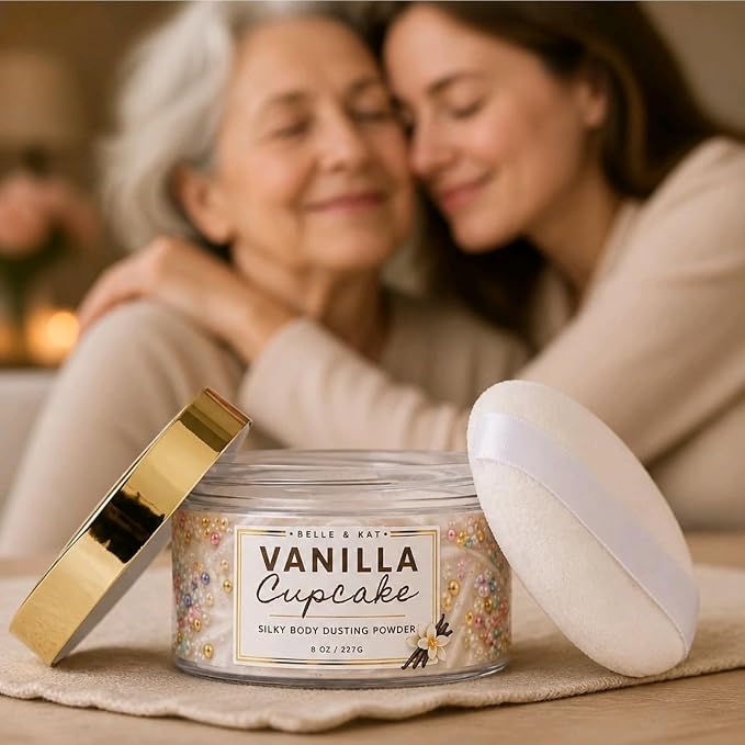 Body Powder for Men & Women Scented Vanilla Cupcake, Bath Perfume Dusting Powder with Fragrance & Essential Oils, Talc Free 8oz Container with Soft Powder Puff, Made in USA