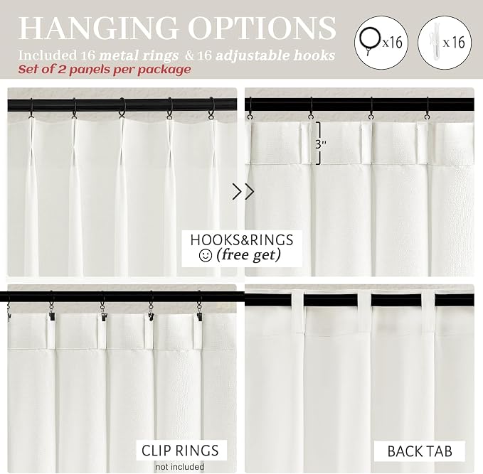 Extra Long Pinch Pleat Snow White Semi Sheer Curtains 108 Inches Long for Living Room, Luxury Linen Blend Viral Drape Light Filtering Privacy Floor to Ceiling Dining Room Curtain Back Tab Panels 2 Set