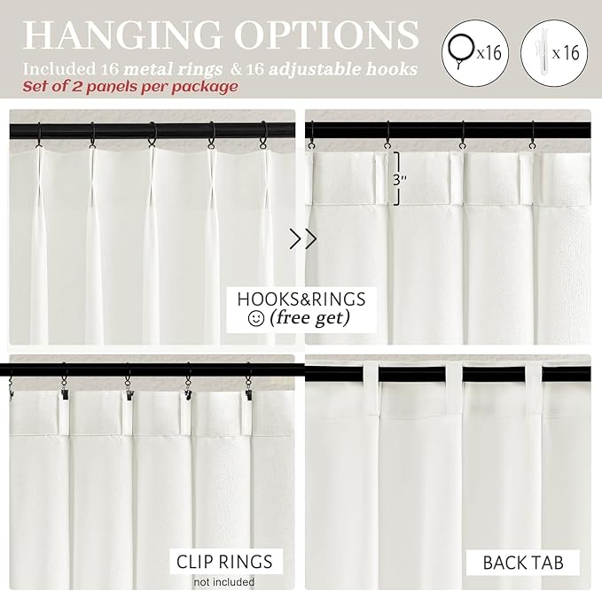 Custom Pleated Curtains & Drapes 86 Inches Long for Dining Room, Light Filtering Privacy Natural White Linen Non See Through Sheer Curtain with Hooks Rings for 84-86 Inch Large Window Decorative Burg