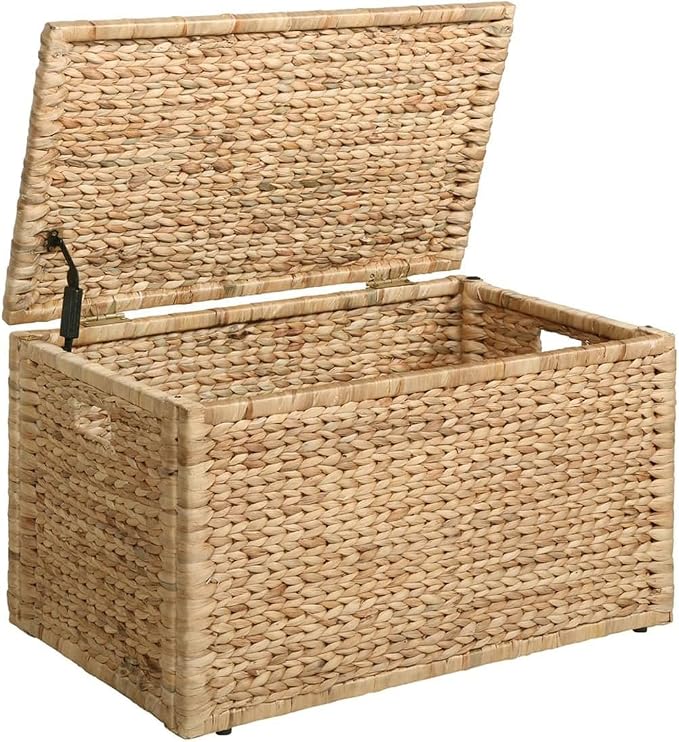 Water Hyacinth Wicker Storage Trunk, Natural, 30x17.5x17.5 Inches | Safety Hinge, Metal Frame, Decorative Blanket Chest & Storage Box, Farmhouse Woven Storage, For Living Room & Entryway