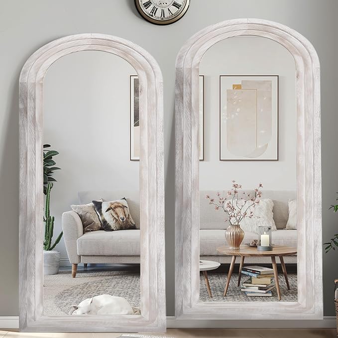 ZHUNFA Arched Full Length Mirror with Solid Wood Frame | 71x32 Farmhouse Wall Mirror Full Length with Stand, Vertical Hanging, Leaning Standing for Bedroom, Living Room, Rustic White
