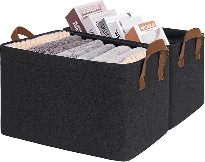 CHICVITA 30L Large Fabric Storage Baskets for Shelves, 2-Pack, Black | 16 ¾" L x 11" W x 9 ¾" H, Metal Frame, Leather Handles, Clothes, Toys & Towels Storage, Closet & Living Room Organization