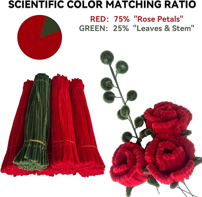 Chenille Stems Pipe Cleaners,Roses DIY Flower Bouquet Kit 700pcs(Red and Green) Flower Making Craft Materials(32Flowers),Art and Craft Supplies